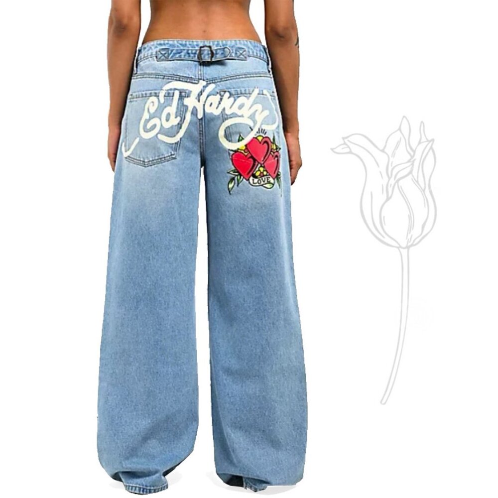 Ed Hardy Embroidered Heart Wide Leg Jeans